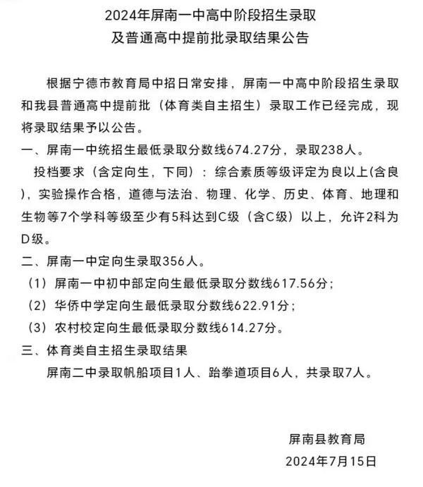 屏南县普通高中招生提前批（体育类自主招生）和屏南一中录取分数