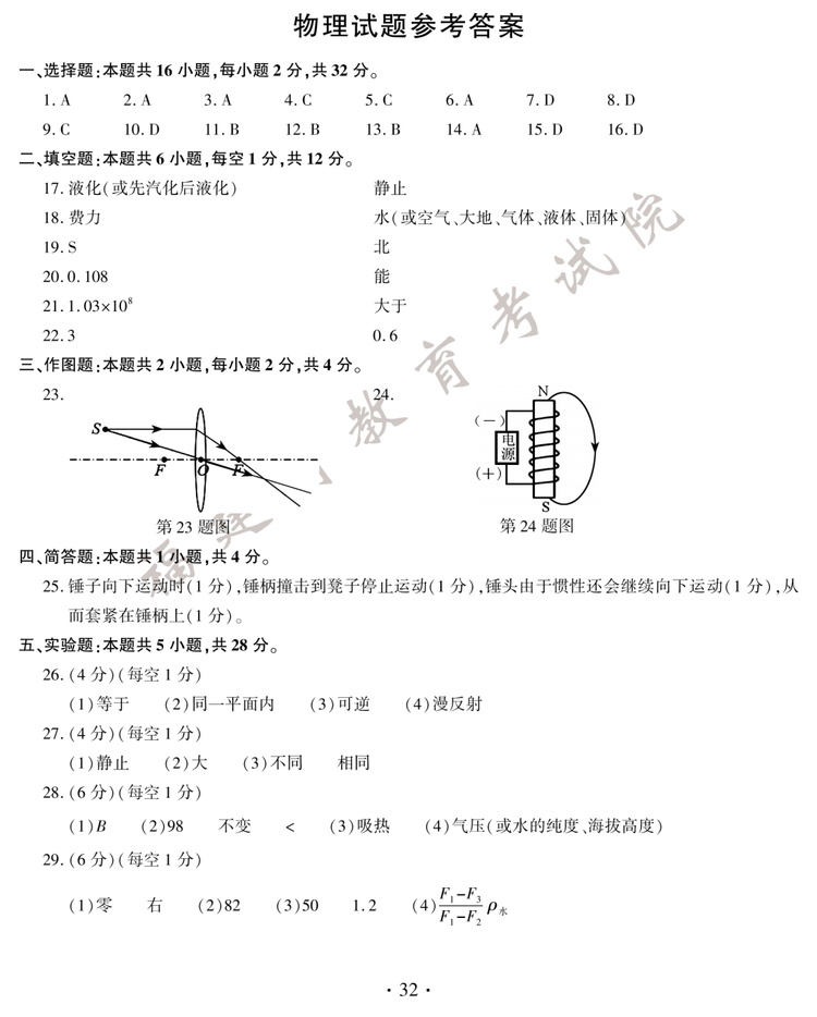 2020年福建中考物理真题答案（图片版）